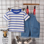 Summer boy's striped shirt denim bib two-piece set for children fashion handsome set - Image 4