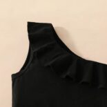 Girl Flounce One Shoulder Black Crop Top And Skirt Set - Image 4