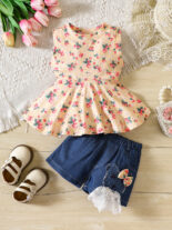 Girls pit strip floral sleeveless top, denim shorts