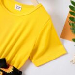 Girl Floral Sunflower Print Splice Belted Shortsleeve Dress - Image 5