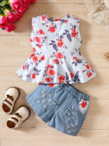 Girls pit strip floral sleeveless top, denim shorts