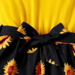Girl Floral Sunflower Print Splice Belted Shortsleeve Dress - Image 7