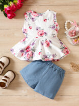 Girls pit strip floral sleeveless top, denim shorts - Image 5