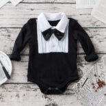 Spring and Autumn Clothes Boy Baby Gentleman Clothes Black and White Stitching Color Long Sleeve Fake Two Pieces Baby Oneies Crawling Clothes - Image 2