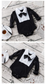 Spring and Autumn Clothes Boy Baby Gentleman Clothes Black and White Stitching Color Long Sleeve Fake Two Pieces Baby Oneies Crawling Clothes - Image 4