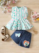 Girls pit strip floral sleeveless top, denim shorts