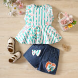 Girls pit strip floral sleeveless top, denim shorts - Image 5