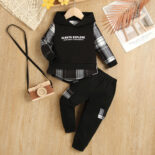 Children's clothing boys autumn and winter plaid letter print fake two-piece hooded sweatshirt color-blocked trousers two-piece set - Image 3