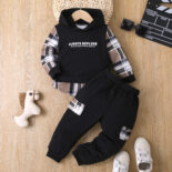 Children's clothing boys autumn and winter plaid letter print fake two-piece hooded sweatshirt color-blocked trousers two-piece set - Image 5