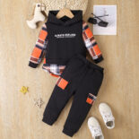 Children's clothing boys autumn and winter plaid letter print fake two-piece hooded sweatshirt color-blocked trousers two-piece set - Image 7