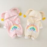 Baby Spring and Autumn One-Piece Rainbow Cute Rabbit Ears Hoodie Baby Girl Clothes Crawling Clothes