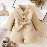 Spring baby girls and children's suit collar long sleeve fashion jumpsuit shorts children's British style lapel waist jumpsuit