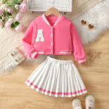 Spring and Autumn New Girls Sports Casual Letter Towel Embroidery Baseball Uniform Jacket + Pleated Skirt Set