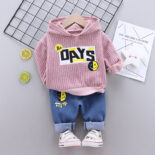 Spring Autumn Hooded Pullover Cartoon Version Boys Alphabet Casual Jeans Fashion Sweatshirt Two-Piece Set - Image 3