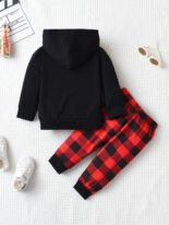Boys' new hooded suit, long sleeves with plaid printed trousers, two-piece set - Image 2