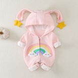Baby Spring and Autumn One-Piece Rainbow Cute Rabbit Ears Hoodie Baby Girl Clothes Crawling Clothes - Image 3