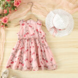 Children's clothing girls summer print dress for small children midi dress with hat