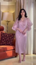 Autumn new V-neck mesh sequins elegant slim balloon sleeve dress women - Image 9