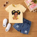 Infant Girls Summer Heat Stroke Round Neck Short Sleeve Top Denim Shorts Set Tide - Image 2