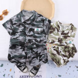 summer foreign trade new boys lapel full print shirt short sleeve set boy casual two-piece set