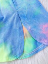 Girls' fashion dress rainbow tie-dye print short sleeve slit A-line dress - Image 5