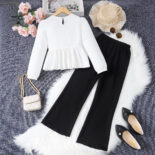 Girls' suits, splicing, houndstooth fake two-piece tops, flared trousers, spring children's clothing trends - Image 2