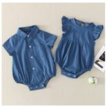 Men's and women's newborn shirt collar flying sleeve denim baby cotton short sleeve crawler baby clothes - Image 2