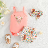 Baby suspender bow suit cute one-piece + shorts + headscarf hair accessories three-piece set - Image 2