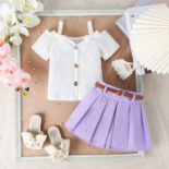 2024 foreign trade cross-border Europe and the United States summer girl suit one-shoulder bow short sleeve with pleated skirt girl suit