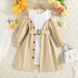 New Single-breasted Vest Collar Long Sleeve Patchwork Dress for Fashion Girls Dresses - Image 2