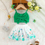 Summer baby girl solid color bow camisole + flower butterfly print skirt set - Image 5