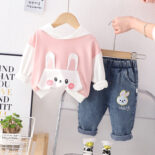 Baby clothes girls cartoon spring clothes set new style children's baby bear rabbit two-piece set tide