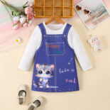 Long sleeved round neck cat print denim blue A skirt - Image 3