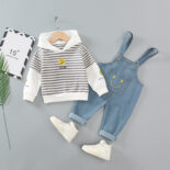 Autumn New Hooded Stitched Striped Sweatshirt Children's Set Cute Version Boys and Girls Bib Pants Set - Image 2
