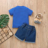 Children's clothing for boys and girls and babies in summer new short sleeve printed letter blue top denim shorts two-piece set - Image 5
