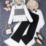 Girls' suits, splicing, houndstooth fake two-piece tops, flared trousers, spring children's clothing trends