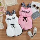 Children's clothing girls letter print pull rack jumpsuit suspender bow jumpsuit