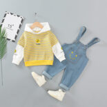 Autumn New Hooded Stitched Striped Sweatshirt Children's Set Cute Version Boys and Girls Bib Pants Set