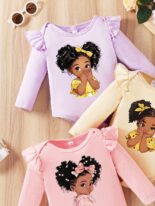 Newborn baby girl spring and autumn cartoon avatar hot stamping flying sleeve clothes three-piece - Image 5