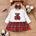 Autumn New Girl Baby Splicing Checkered Dress Comes with Headscarf