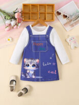 Long sleeved round neck cat print denim blue A skirt - Image 2