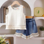 New summer girl suit knitted vest with camisole top and denim shorts three-piece set - Image 4