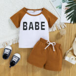 Children's clothing for boys and girls baby summer style brother and sister outfit alphabet color-block short sleeve dropped shoulder set small - Image 3