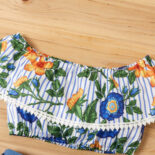 Children's blue and yellow floral striped one-shoulder denim shorts set - Image 4
