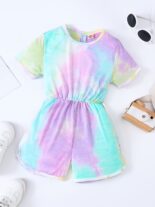 Girls fashion casual tie-dye print short sleeve t-shirt jumpsuit