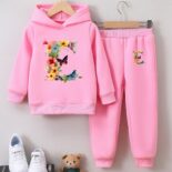 Girls' fashion sweatshirt two-piece letter E print children's girls autumn and winter velvet top set - Image 4