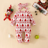 Baby Deer Pine Tree Printed Long Sleeve Long Leg Crawler Clothing 0-1 Year Old Girl Zipper Lace Bag Butt Clothes - Image 2