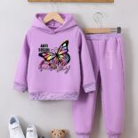 Girls' fashion sweatshirt two-piece butterfly print girl autumn and winter fleece trousers pullover set - Image 4