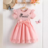 Summer new girl's princess monogram print bow belt round neck short sleeve cut-out dress - Image 2