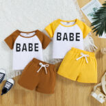 Children's clothing for boys and girls baby summer style brother and sister outfit alphabet color-block short sleeve dropped shoulder set small - Image 2